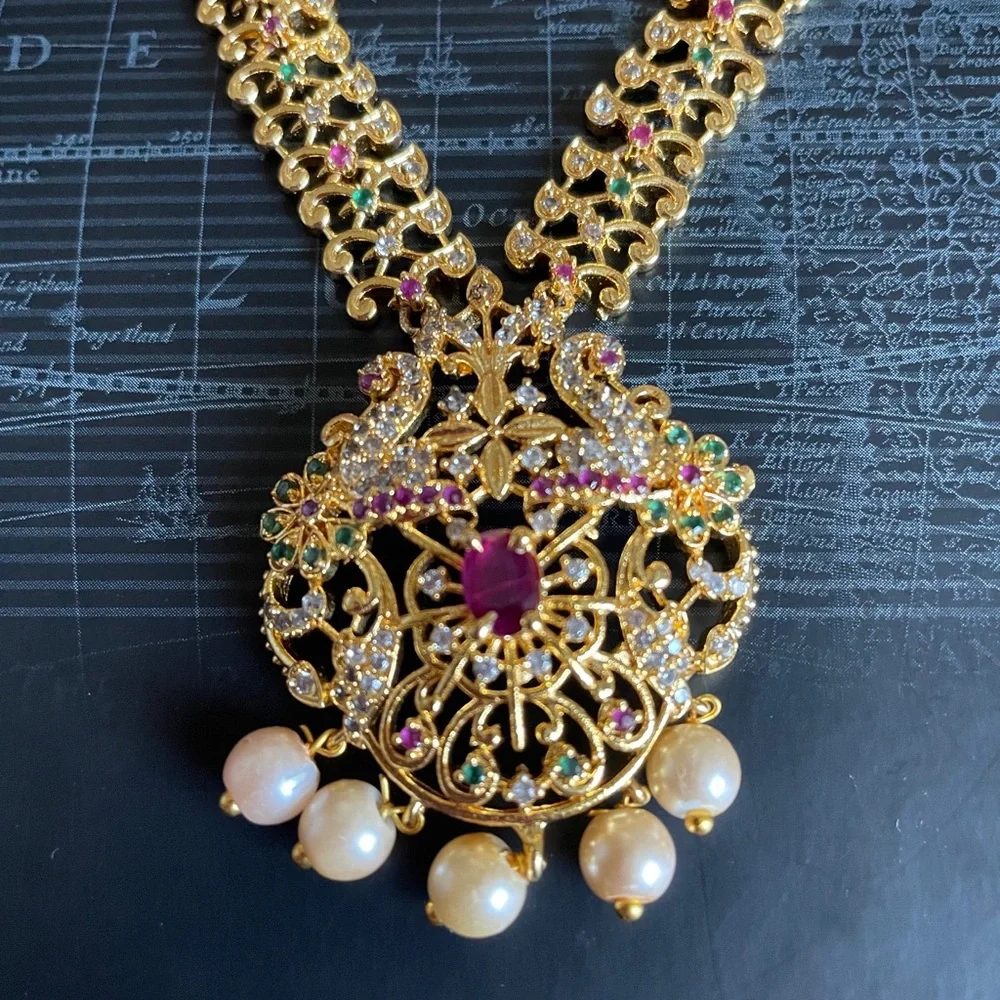 Gold-Tone Floral Pendant Necklace and Earrings Set - Pink and Green Accent